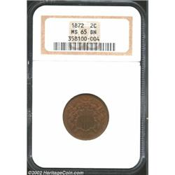 1872 2C MS65 Brown NGC. No longer a popular or necessary denomination, the Two Cent piece faded into