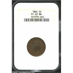 1864 2C Large Motto PR63 Brown NGC. Fully struck throughout, the carefully preserved proof surfaces.