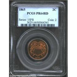 1865 2C PR64 Red PCGS. Fiery-red patina with fully brought up devices and deeply mirrored fields. On