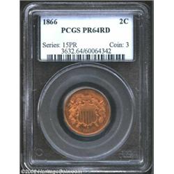 1866 2C PR64 Red PCGS. Orange-gold patina with nice reflectivity and bold definition. While not an e