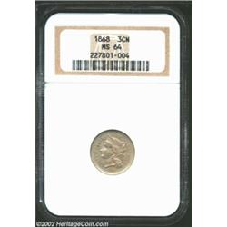 1868 3CN MS64 NGC. The luster is somewhat muted by thick grey-pink toning that envelops both sides..