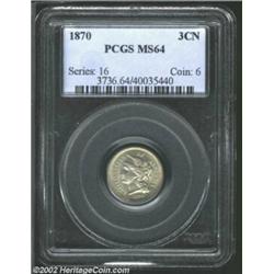 1870 3CN MS64 PCGS. RPD-002. The date is lightly repunched below the tops of the digits. Lightly ton