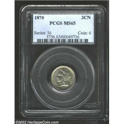 1870 3CN MS65 PCGS. A complete gem with thick, rich luster and a silvery tint to the copper-nickel s