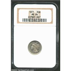 1871 3CN MS64 NGC. Untoned with thick, satiny luster. A small spot is seen on Liberty's nose and som