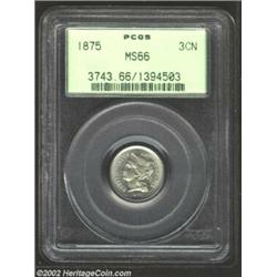 1875 3CN MS66 PCGS. Beautifully shaded in light pink tones, the surfaces are clean and the strike is