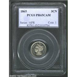 1865 3CN PR65 Cameo PCGS. Proof production in this first year of the Three Cent Nickel design is est