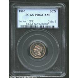 1865 3CN PR66 Cameo PCGS. Repunched Date. B. 2-B. Whereas the business strike 1865 is perhaps the mo