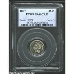 1867 3CN PR66 Cameo PCGS. The 1867 is a very scarce and always sought-after proof issue in the Three