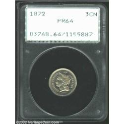 1872 3CN PR64 PCGS. Reflective with just a bit of cameo contrast visible on both sides. Both sides a