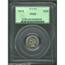 1872 3CN PR65 PCGS. Beautiful toning swirls around the obverse with delicate shades of blue and pink