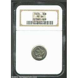 1873 3CN Closed 3 PR64 NGC. Fully-struck and reflective, with light gold toning. Some shallow marks.