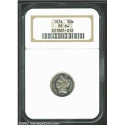 1876 3CN PR64 NGC. Just a little bit of toning graces the clean surfaces of this near-Gem. The devic