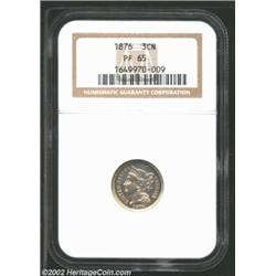 1876 3CN PR65 NGC. Milky gold patina confirms the originality of this exquisitely struck and magnifi