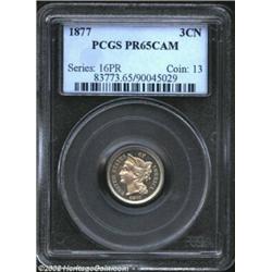 1877 3CN PR65 Cameo PCGS. This untoned example is nicely mirrored in the fields and displays sharply