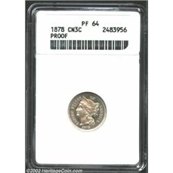 1878 3CN PR64 ANACS. Somewhat subdued but well struck and carefully preserved. Light olive color, wi