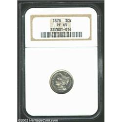 1878 3CN PR65 NGC. Brilliant and well-struck, with several wispy areas of toning on the obverse. The