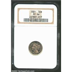 1881 3CN PR66 NGC. Well-struck and of an attractive, pink-gold color. A few spots are well-concealed