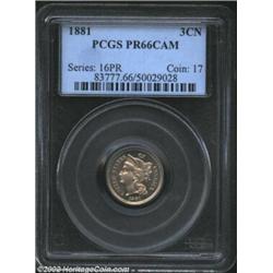 1881 3CN PR66 Cameo PCGS. Boldly struck with silver-rose toning. No marks or spots are seen over the