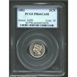 1882 3CN PR66 Cameo PCGS. An exquisitely struck Gem with light gold color and obvious cameo contrast