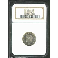 1888 5C PR63 NGC. Milky lilac and golden patina is mixed with light specks of carbon. Particularly n