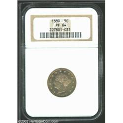 1889 5C PR64 NGC. Both sides are draped in lilac and orange patina that tends to obscure a vertical.