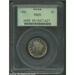 1891 5C PR65 PCGS. Unfathomable depth of mirrored reflectivity characterizes this solid Gem proof Ni
