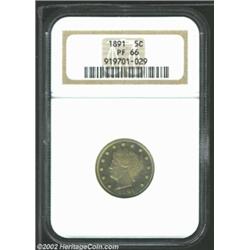 1891 5C PR66 NGC. The obverse has gorgeous bands of lemon, rose, and powder-blue patina, while the r