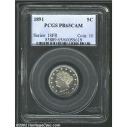 1891 5C PR65 Cameo PCGS. A sharply struck Gem that has light tan color and immaculate surfaces. A fe