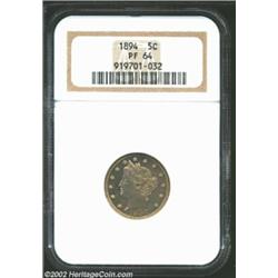 1894 5C PR64 NGC. The strike is bold and the surfaces reveal only a couple of small abrasions. There