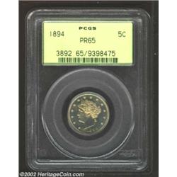 1894 5C PR65 PCGS. Powerfully struck with deeply mirrored fields. Lightly bathed in champagne hues.F