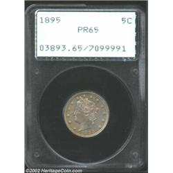 1895 5C PR65 PCGS. A significant amount of gray-rose and blue toning covers each side of this modera