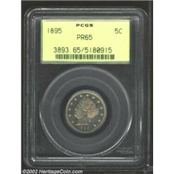 1895 5C PR65 PCGS. The textured devices contrast with mirrored fields. Both the obverse and reverse.