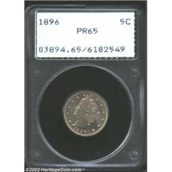 1896 5C PR65 PCGS. Moderately reflective mirrors, each side shows just a bit of light golden and lil