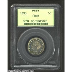 1896 5C PR65 PCGS. Fully struck with dainty golden and pink toning that rests on mark-free mirrored.