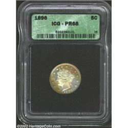 1896 5C PR68 ICG. The toning is fully original, vivid, and the most visually impressive attribute of