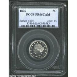 1896 5C PR66 Cameo PCGS. This sparkling-white Gem is fully brought up with deeply mirrored fields. E