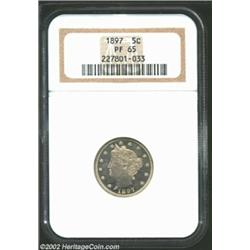 1897 5C PR65 NGC. Wispy streaks of golden-brown and powder-blue patina enliven the deeply mirrored f