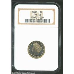 1898 5C PR66 NGC. Electric green toning covers both exquisitely preserved sides, with their watery m