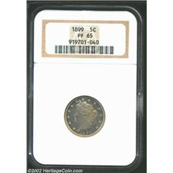 1899 5C PR65 NGC. The obverse and reverse both display light blue and rose toning and are free of al
