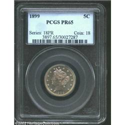 1899 5C PR65 PCGS. Excellent definition with well mirrored fields and a dab of golden toning with bl