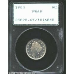 1900 5C PR65 PCGS. Nearly perfect surface preservation accounts for the grade, and brightly mirrored