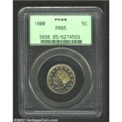 1900 5C PR65 PCGS. Well-struck with light rose and blue toning that is especially pretty on the reve