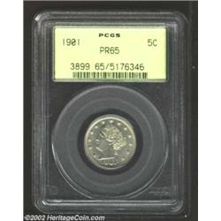 1901 5C PR65 PCGS. Somewhat subdued because of a thin coating of hazy patina, the surfaces of this p