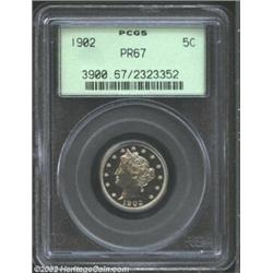 1902 5C PR67 PCGS. An exquisitely struck Superb Gem that reveals pastel gold and aqua colors when it