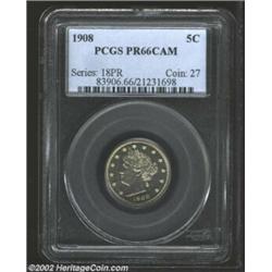 1908 5C PR66 Cameo PCGS. This is one of only two specimens graded at MS66 by PCGS, with none finer..