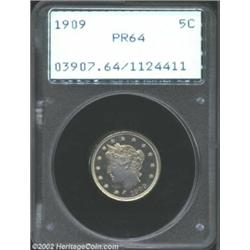 1909 5C PR64 PCGS. This is an attractive proof near-Gem, in an early PCGS holder. A curly thread or.