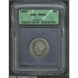 1909 5C PR67 ICG. The obverse displays appreciable contrast under delicate ice-blue patina, with tou