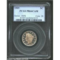 1909 5C PR66 Cameo PCGS. Delicate golden iridescence blankets surfaces that are deeply mirrored in t