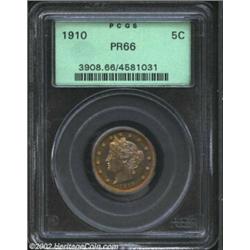 1910 5C PR66 PCGS. Peripherally toned in concentric rings of magenta, gold, blue, and lilac. Free of