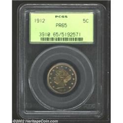 1912 5C PR65 PCGS. Nicely mirrored with better than expected contrast beneath a dusting of apricot p